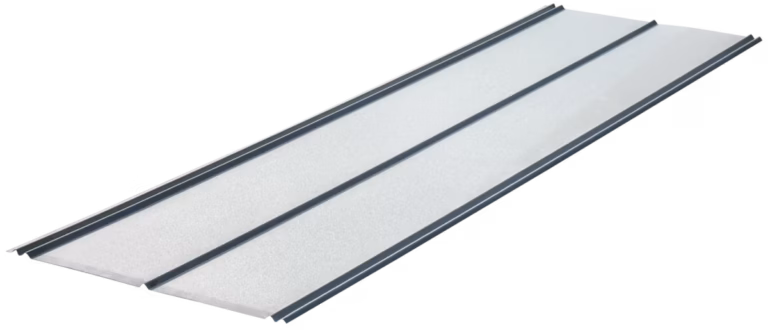 5-V Crimp metal roofing panel with V-shaped crimp pattern and exposed fastener holes along the sides