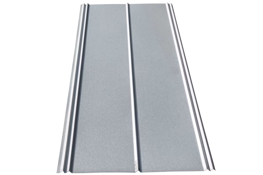 5-V Crimp metal roofing panel with two prominent vertical ridges and parallel striping across the surface
