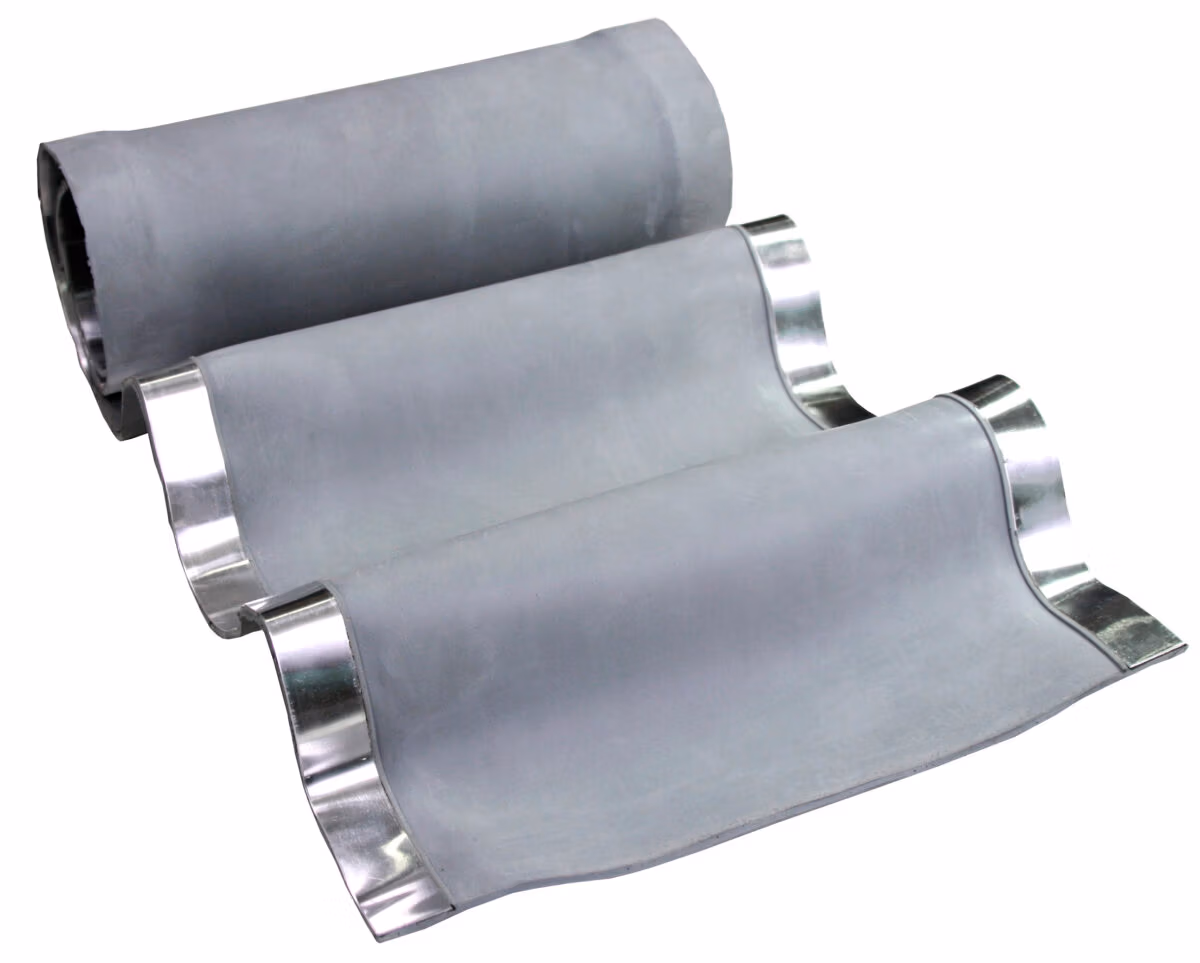 Three gray fabric flashing strips with metal edge bands, shown unrolled to display expandable roofing closure product.