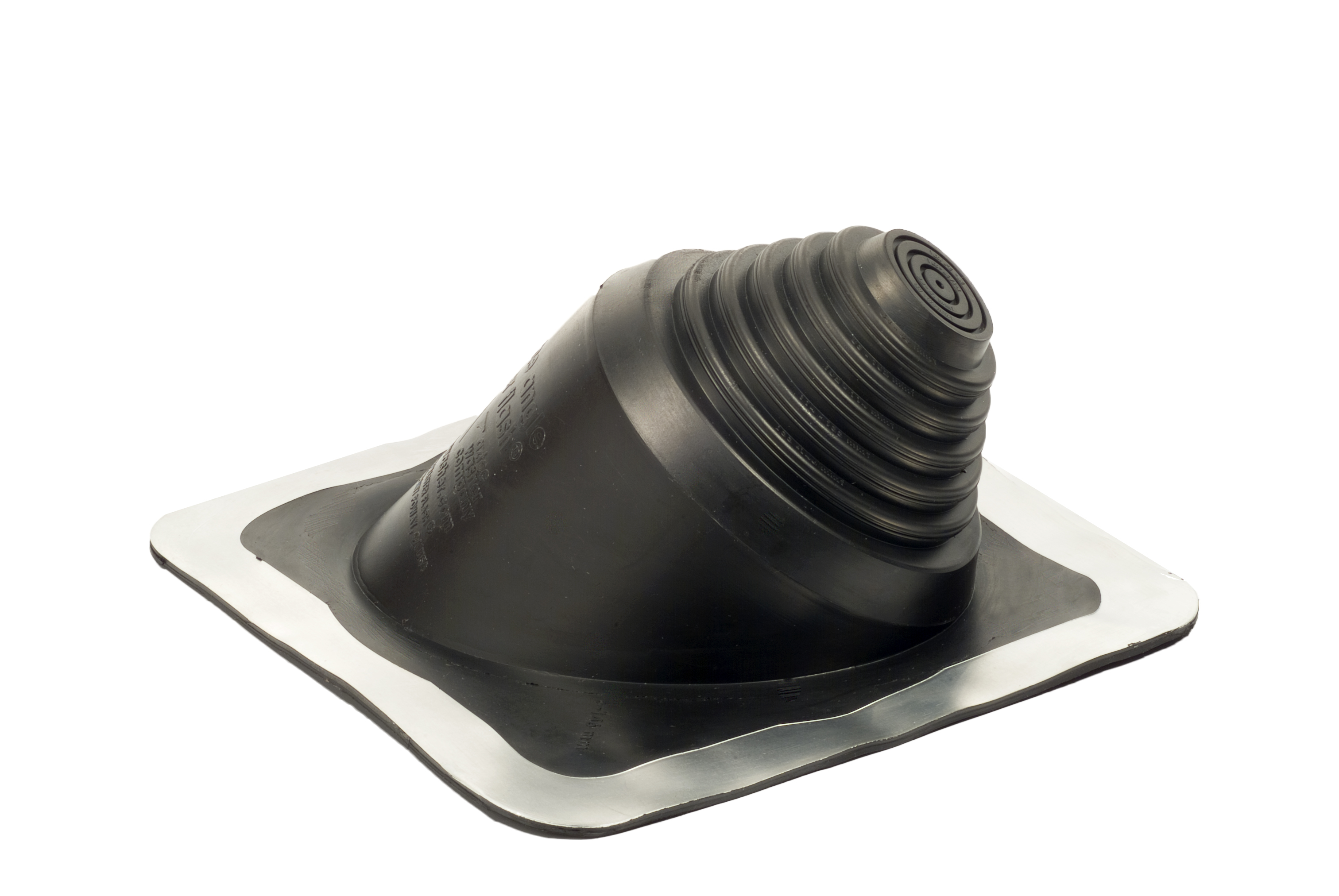 A black EPDM rubber roof jack flashing boot with a corrugated flexible cone and aluminum base plate, photographed on a white background.