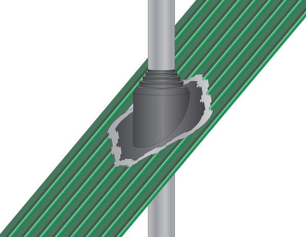 A gray pipe boot flashing collar installed around a vertical metal pipe penetrating through a green corrugated metal roof panel, with white sealant applied around the base.