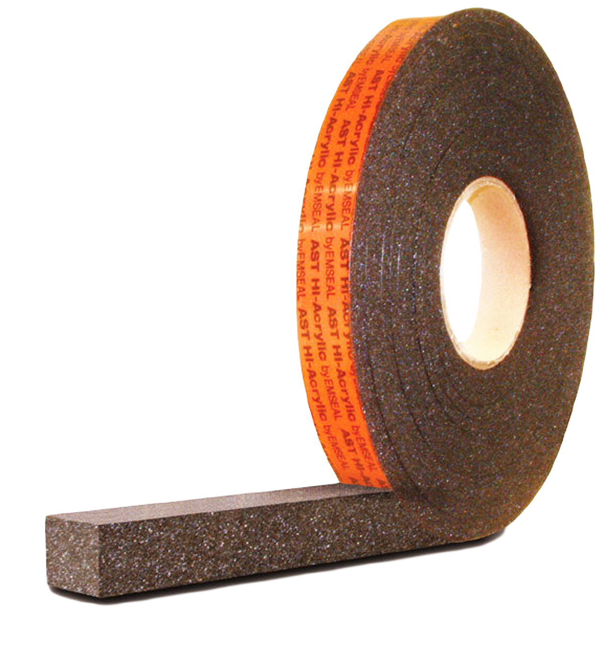 A roll of dark brown expanding foam sealant tape with an orange backing label, shown alongside an unrolled strip of the compressed foam tape on a white background.
