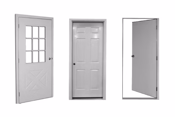 Three steel door styles: left door has glass panels in upper half, center door is solid with horizontal panels, right door is solid panel design