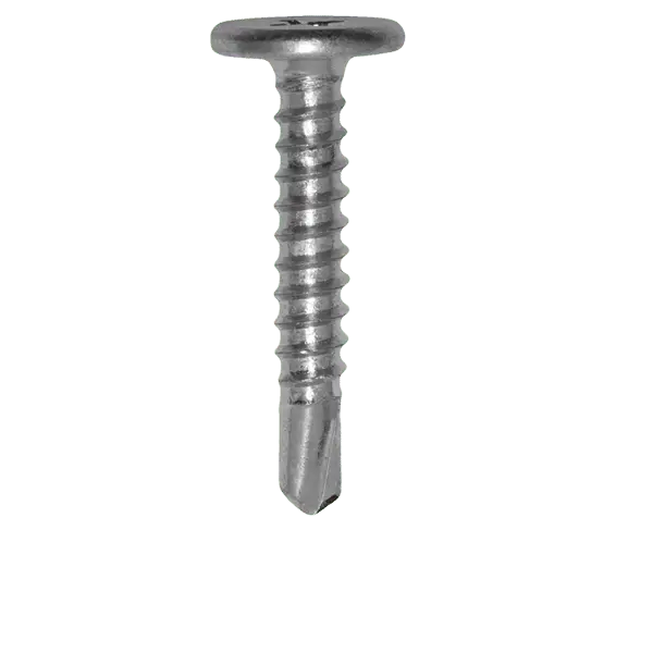 A single zinc-plated self-drilling pan head screw with coarse threads and a drill point tip, isolated on a white background.