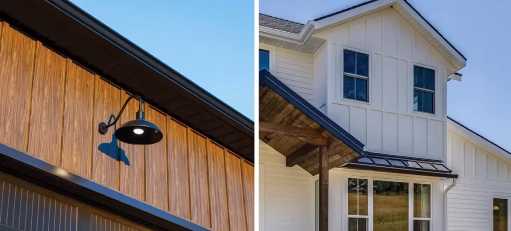 Left side shows a wood building with traditional wood board batten siding. Right side shows a modern home with metal board batten siding featuring a cleaner appearance and consistent finish.