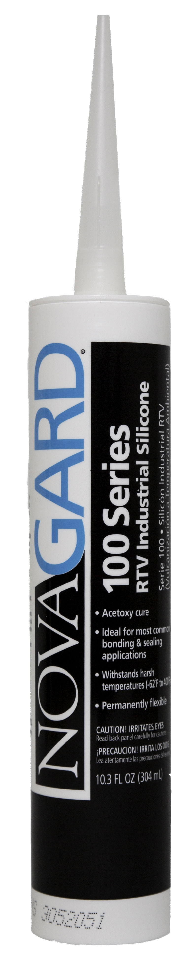 A white 10.3 oz cartridge tube of Novagard 100 Series RTV silicone sealant with a pointed nozzle tip, featuring blue and black branding on a white label.