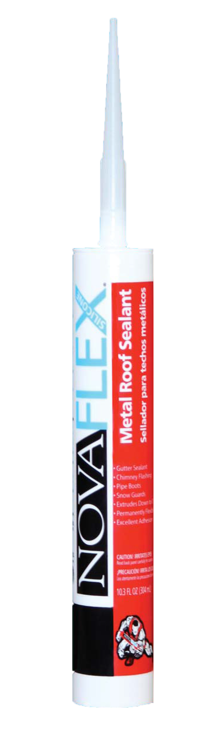 A white NovaFlex Metal Roof Sealant caulk tube with a pointed nozzle tip, featuring red and black branding on the label.
