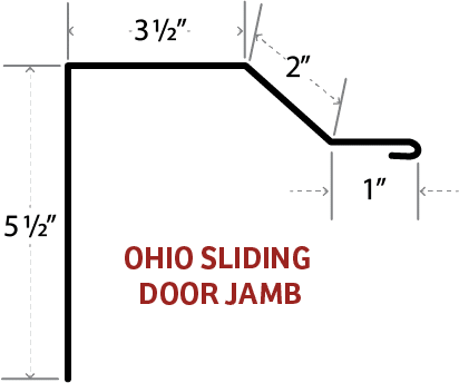 Technical diagram of an Ohio sliding door jamb profile showing labeled measurements of 3.5 inches width, 5.5 inches height, 2 inches diagonal step, and 1 inch lip on a white background.