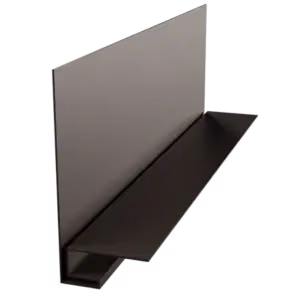 A 3D render of a dark bronze anodized aluminum L-shaped architectural door or window trim extrusion piece shown against a black background.