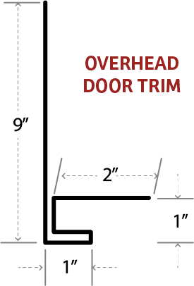 Technical diagram of an L-shaped overhead door trim profile showing cross-sectional dimensions of 9 inches tall, 2 inches wide horizontal flange, and 1 inch lip measurements.
