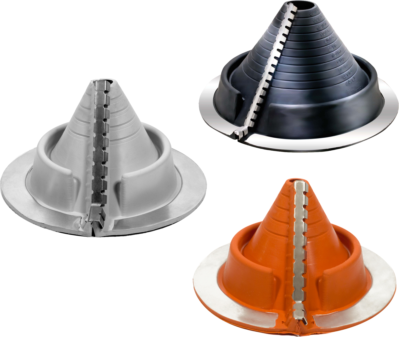 Three conical roof pipe flashing boots displayed side by side: a silver metallic version on the left, a black ribbed rubber version in the back center, and an orange silicone version in the front right, each featuring a serrated metal clamp strip and a flat base flange.