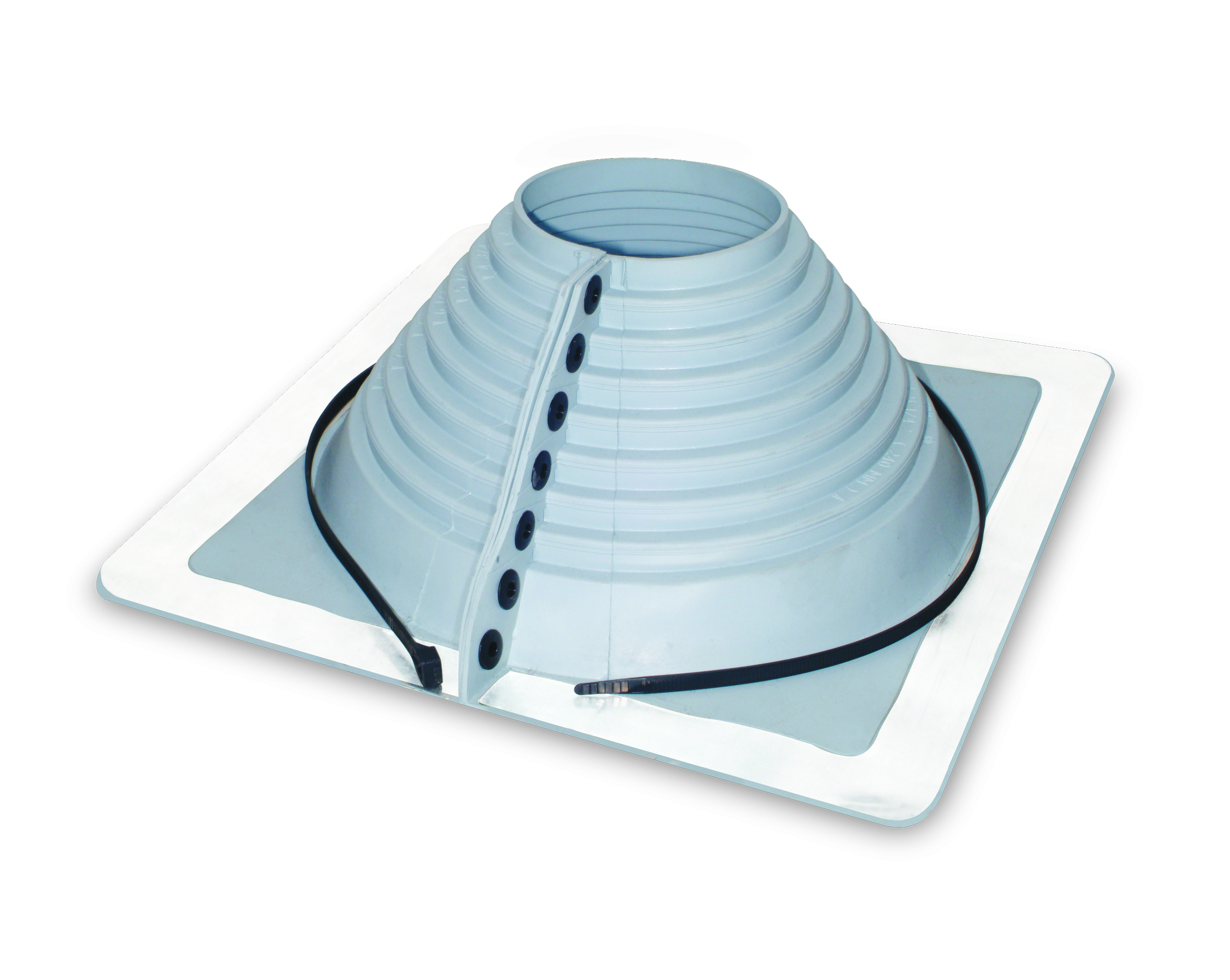 A gray silicone flexible stepped pipe boot roof flashing with a square aluminum base plate and adjustable rubber cone collar, isolated on white background.
