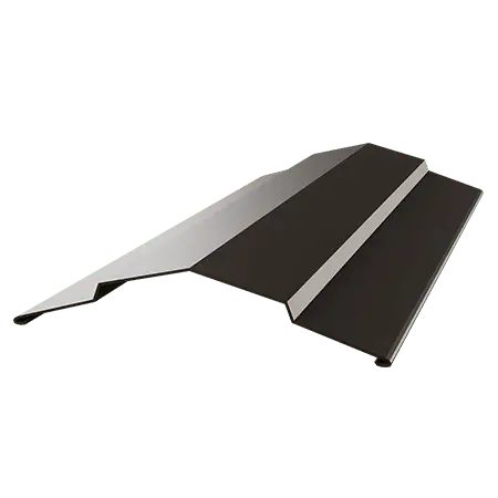 A dark brown metal ridge cap roofing panel shown in a 3D render, featuring a peaked center ridge with two flat side flanges and small edge clips.