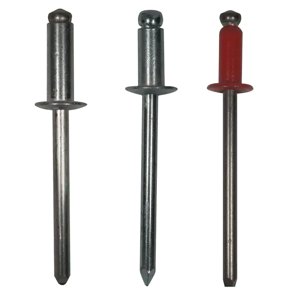 Three blind pop rivets displayed side by side, two with silver metallic bodies and one with a red body, each featuring a domed head, flanged base, and pointed steel mandrel stem.