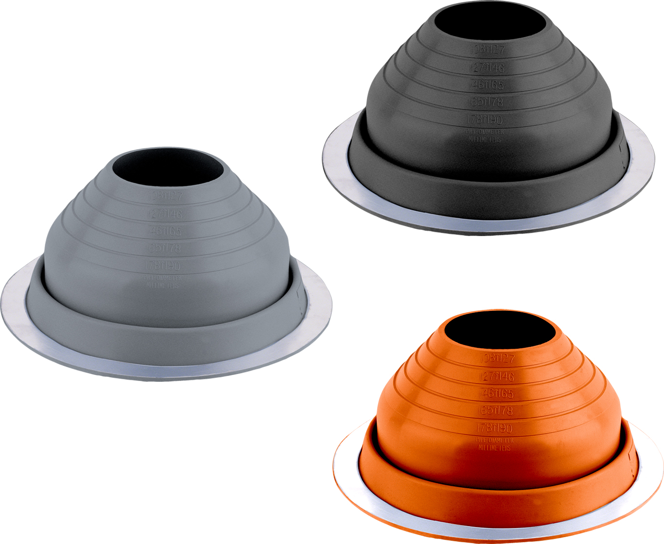 Three silicone pipe flashing boots in black, gray, and orange arranged in a product display, each featuring a ribbed conical shape with a flat metal base flange.