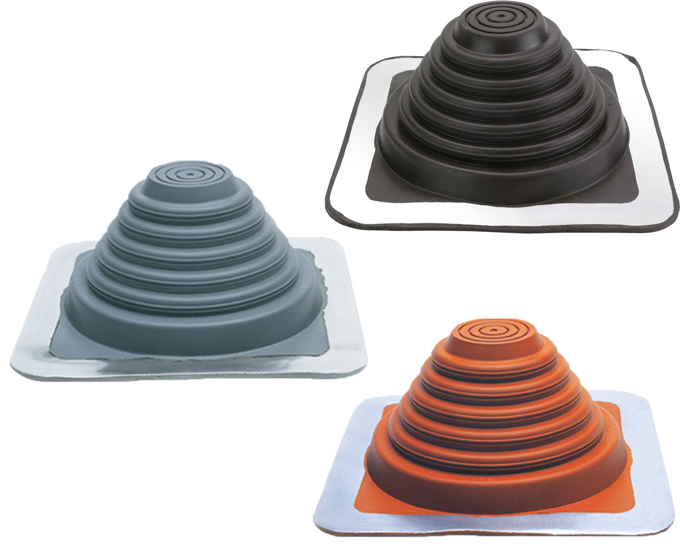 Three stepped-cone silicone roof pipe boot flashings in gray, black, and red-orange colors, each mounted on a square metal base plate.