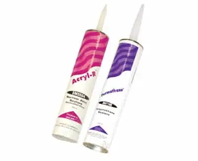 Two caulking sealant tubes side by side — a pink and white Acryl-R acrylic sealant on the left and a purple and white Permathane polyurethane sealant on the right, both in standard cartridge format.