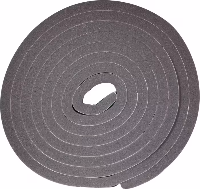 A coiled roll of gray polyurethane foam weatherstripping tape with a rectangular cross-section, shown from above against a white background.