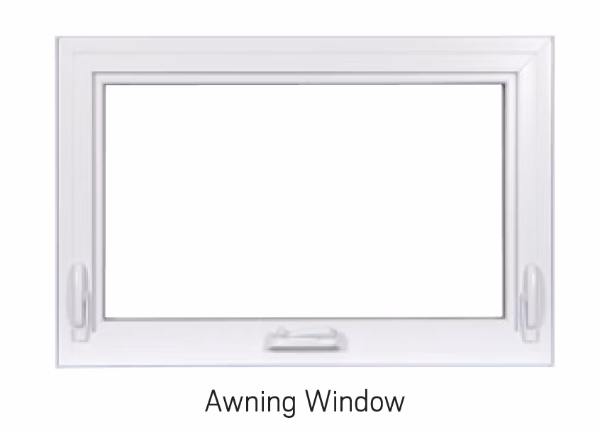 White aluminum-framed awning window with horizontal orientation and bottom-hinged operation