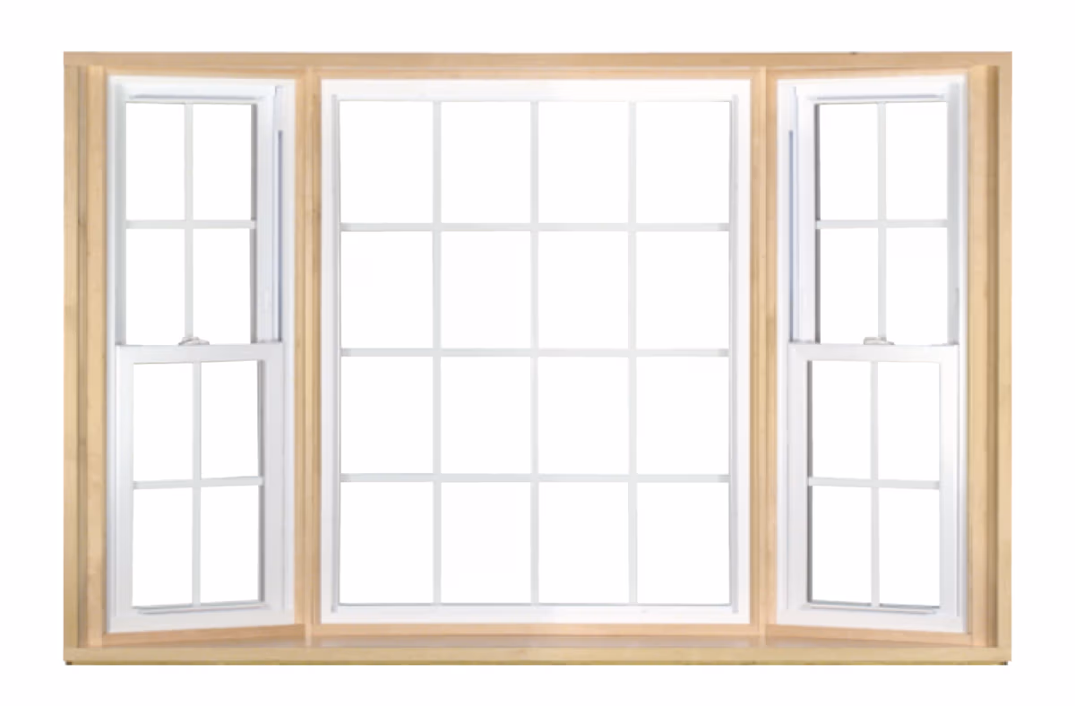 Three-panel bay window with wood frame and white panes for residential or commercial building projects