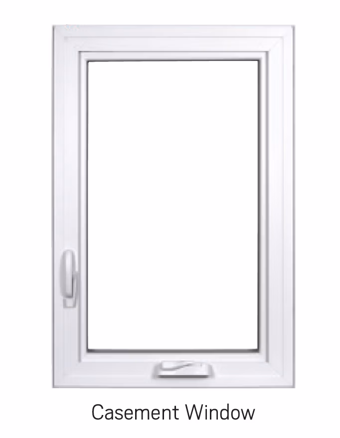Single casement window with metal frame and white finish, shown closed with handle visible on left side