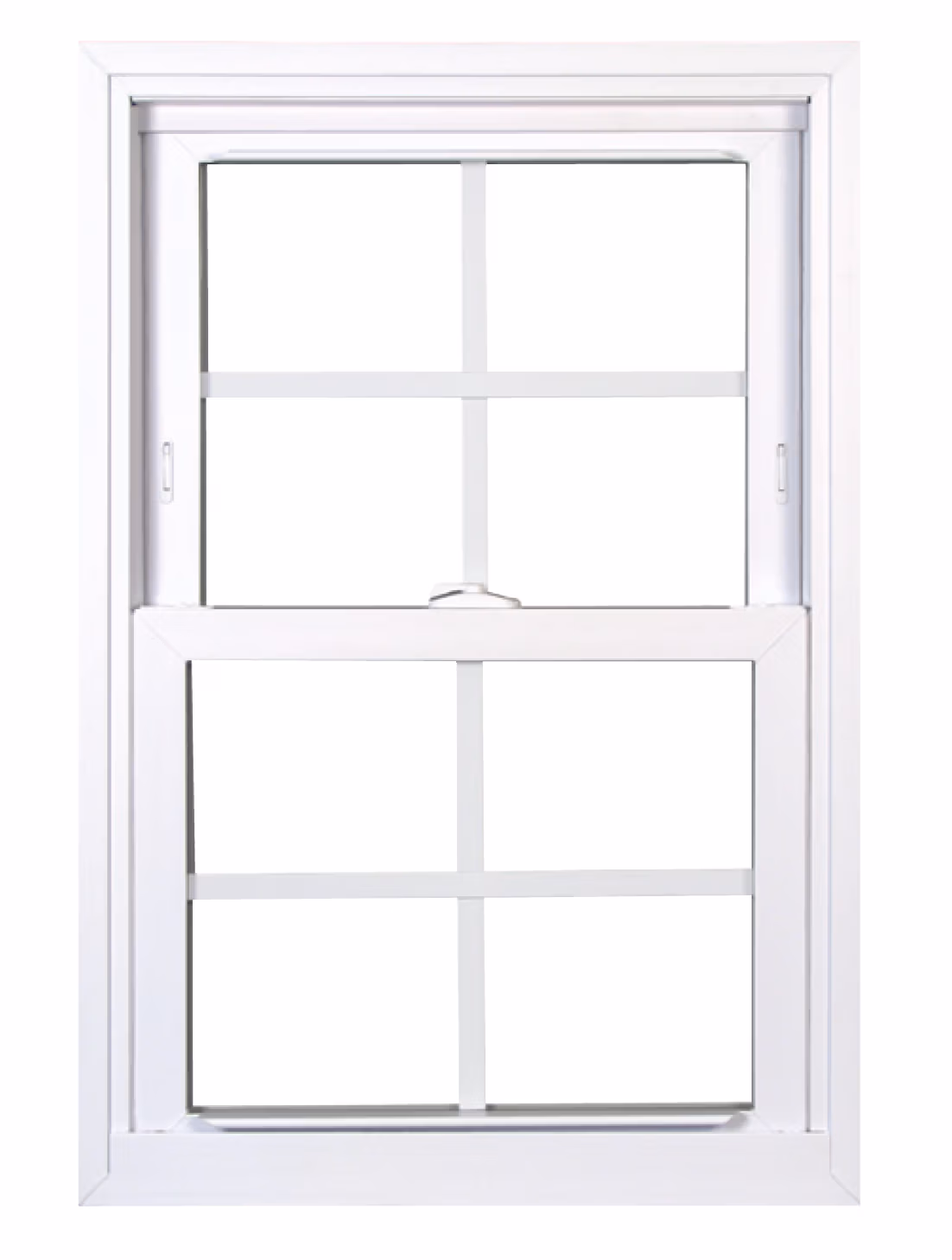 White double hung window with upper and lower sashes, each divided into four panes by muntins