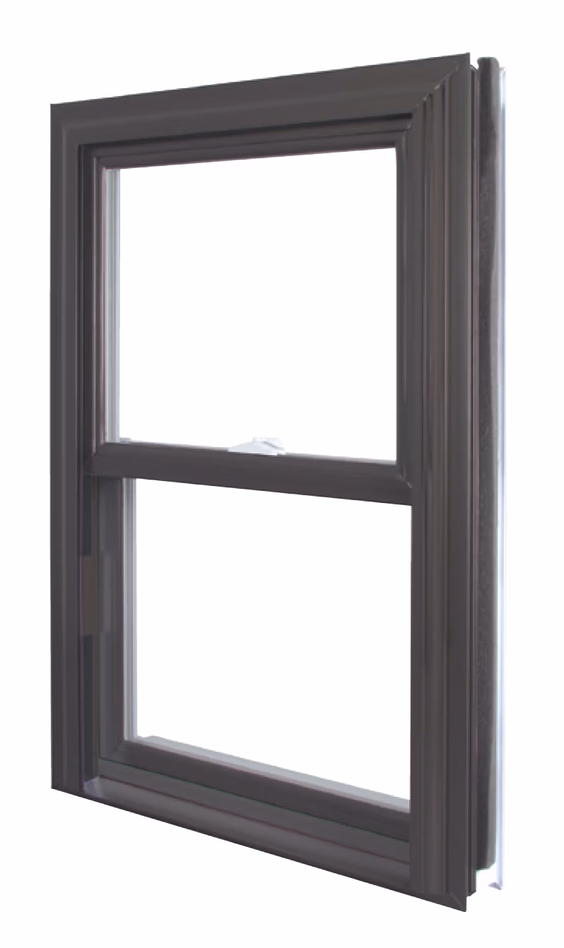 Double-hung window with dark metal frame and two white glass panes, one above the other.