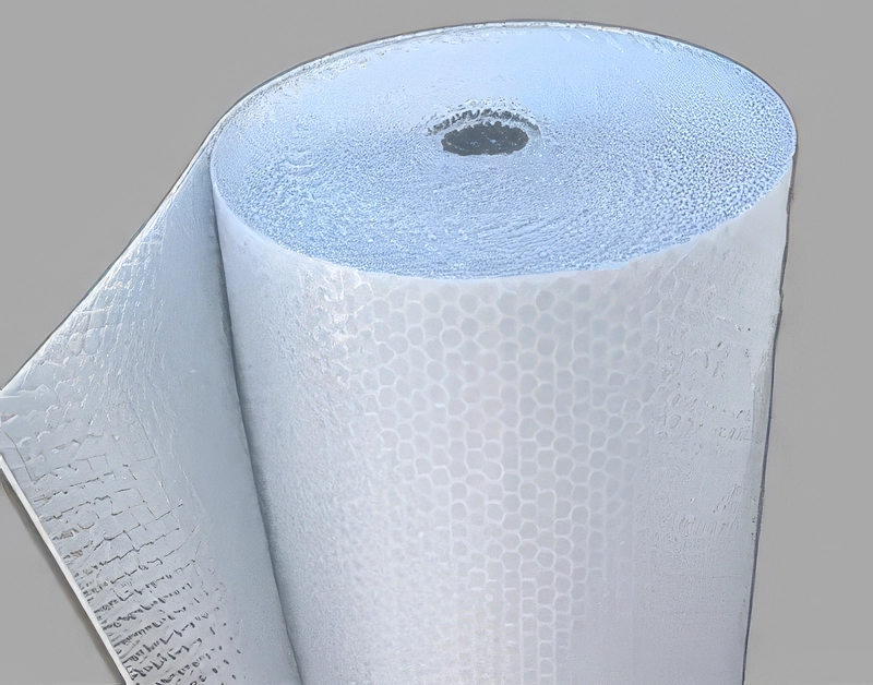 A large roll of white bubble wrap insulation material with a textured bubble surface, partially unrolled to show its layered construction on a gray background.