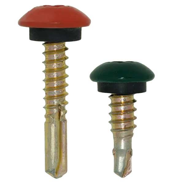 Two self-drilling roofing screws with colored dome caps and rubber washers — one taller with a red cap and one shorter with a green cap — both featuring gold zinc-plated threaded shanks and drill-point tips.