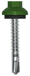 A single self-drilling screw with a green painted hex head cap and silver galvanized steel shank with a sharp drill-point tip, shown in close-up against a white background.