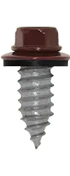 A single wine red hex head self-tapping roofing screw with a rubber sealing washer and sharp pointed tip, isolated on white background.