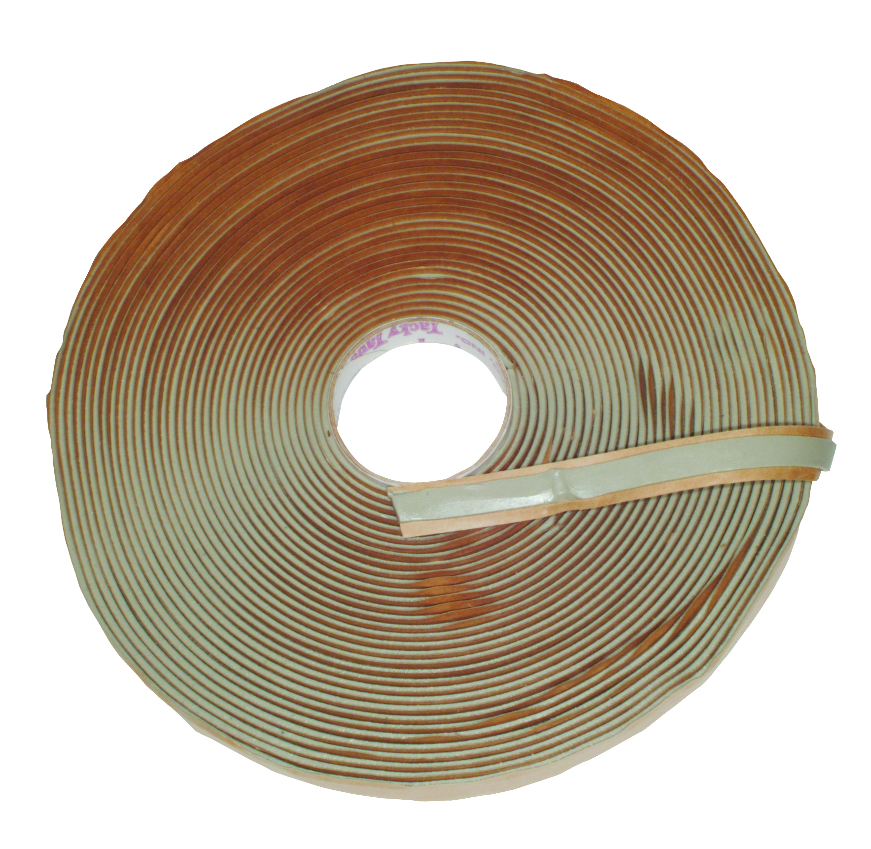 A large roll of beige butyl rubber tacky sealing tape wound into a flat coil, viewed from a slight angle against a white background.