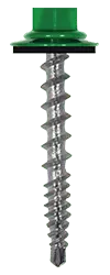 A single self-drilling metal roofing screw with a green polymer sealing washer cap and silver threaded shaft shown in close-up against a white background.