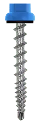 A single stainless steel self-drilling screw with a blue plastic sealing washer cap, featuring deep spiral threads and a sharp drill-point tip.