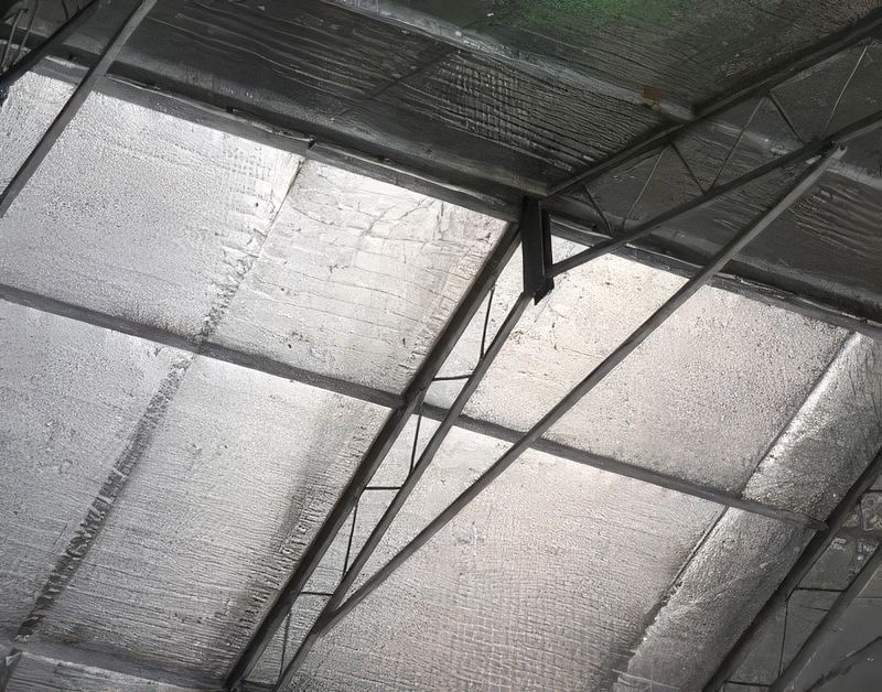 Interior view of a large greenhouse or agricultural building ceiling lined with shiny silver reflective foil insulation panels supported by black steel trusses and cross-bracing.