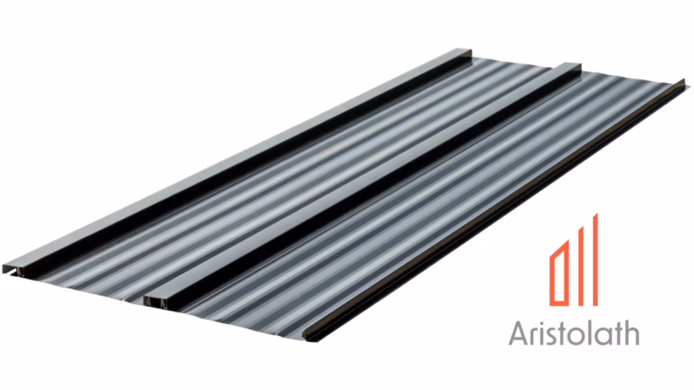 Aristolath metal siding with vertical board and batten profile and Aristolath logo