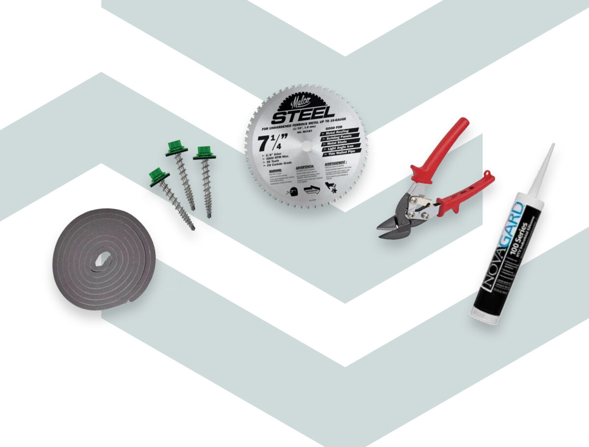 A flat lay of metal building supplies including a Malco 7-1/4 inch steel circular saw blade, three green-capped roofing screws, a roll of foam closure strip, red-handled metal snips, and a tube of Novagard 100 Series RTP sealant on a chevron-patterned gray and white background.
