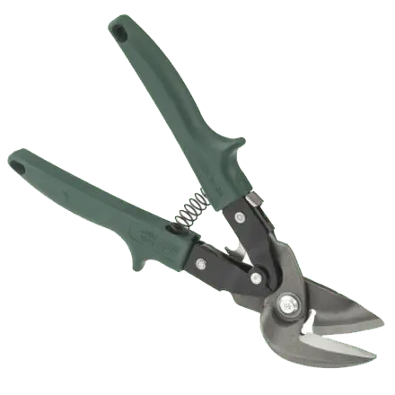 A pair of green-handled aviation tin snips with a coil spring mechanism and hardened steel blades, shown open against a white background.