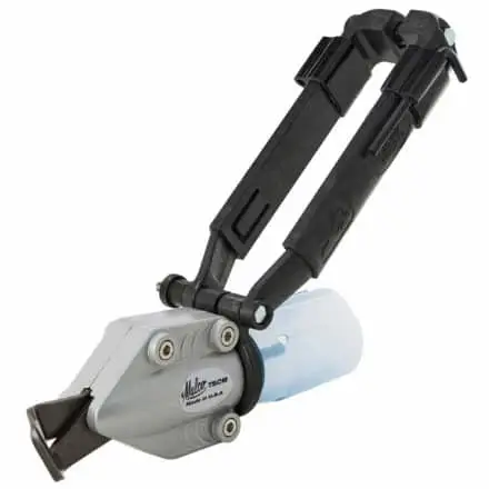 A Malco TurboShear drill attachment tool in silver and black with dual-arm handles and a cylindrical white roller, designed for cutting corrugated metal roofing panels, shown on a white background.