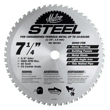 A silver Malco brand 7-1/4 inch carbide-tipped circular saw blade designed for cutting unhardened ferrous metal up to 16-gauge, featuring 56 teeth and product specifications printed on its face.