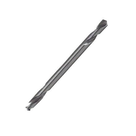 A silver double-ended twist drill bit with spiral flutes on both ends, isolated on a white background.