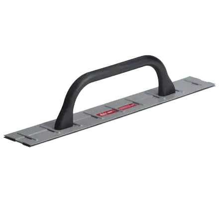 A Malco brand sheet metal drip edge folding tool with a black ergonomic arch handle mounted on a long flat gray steel base plate with red branding labels.
