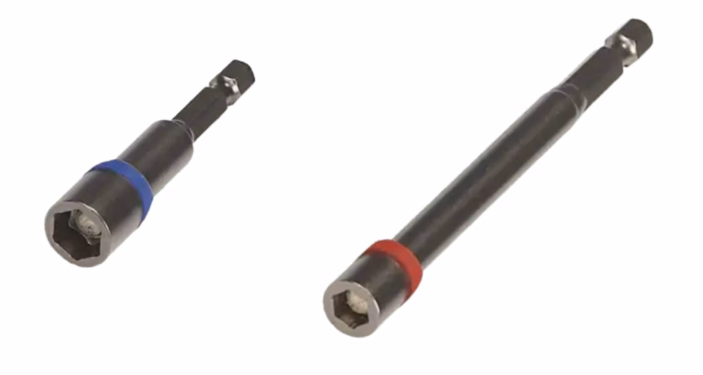 Two black magnetic hex nut driver bits side by side, a shorter one with a blue color-coded ring and a longer one with a red color-coded ring, both featuring hexagonal shank ends and magnetic socket tips.