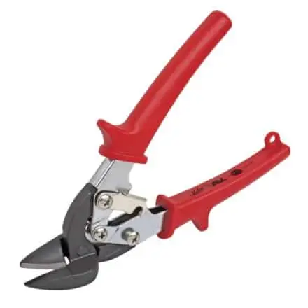 A pair of red-handled Malco aviation tin snips with dark steel blades and chrome pivot mechanism, shown open on a white background.