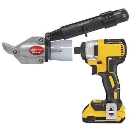 A Malco Turboshear metal cutting attachment in silver and black connected to a yellow and black DeWalt cordless impact driver with battery, shown against a white background.