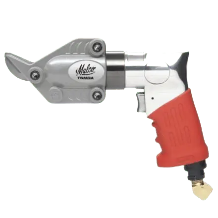 A Malco TSMDA pneumatic turboshear cutting tool with a silver aluminum body, red rubber grip handle, and open scissor-style blades, viewed from the side against a white background.
