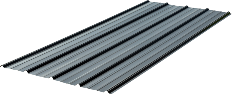 A dark charcoal gray corrugated steel roofing panel with five raised ribs and flat valleys, shown in a three-quarter perspective view against a white background.