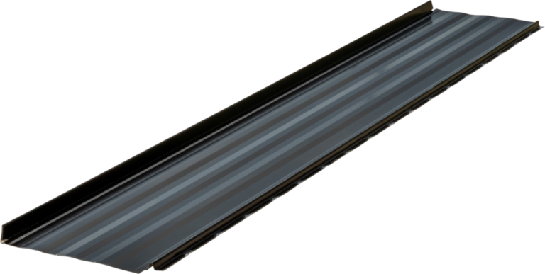 A single dark gray corrugated steel roofing panel with ribbed surface texture and folded edges, photographed in isolation on a white background.