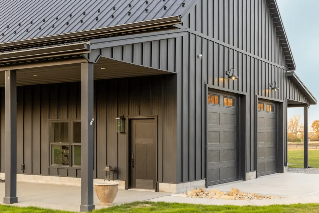 A modern barndominium with dark charcoal gray Aristolath metal board and batten siding, featuring a covered front porch, craftsman-style entry door, two garage doors with wood-tone glass panels, and barn-style gooseneck wall lights on a concrete driveway.