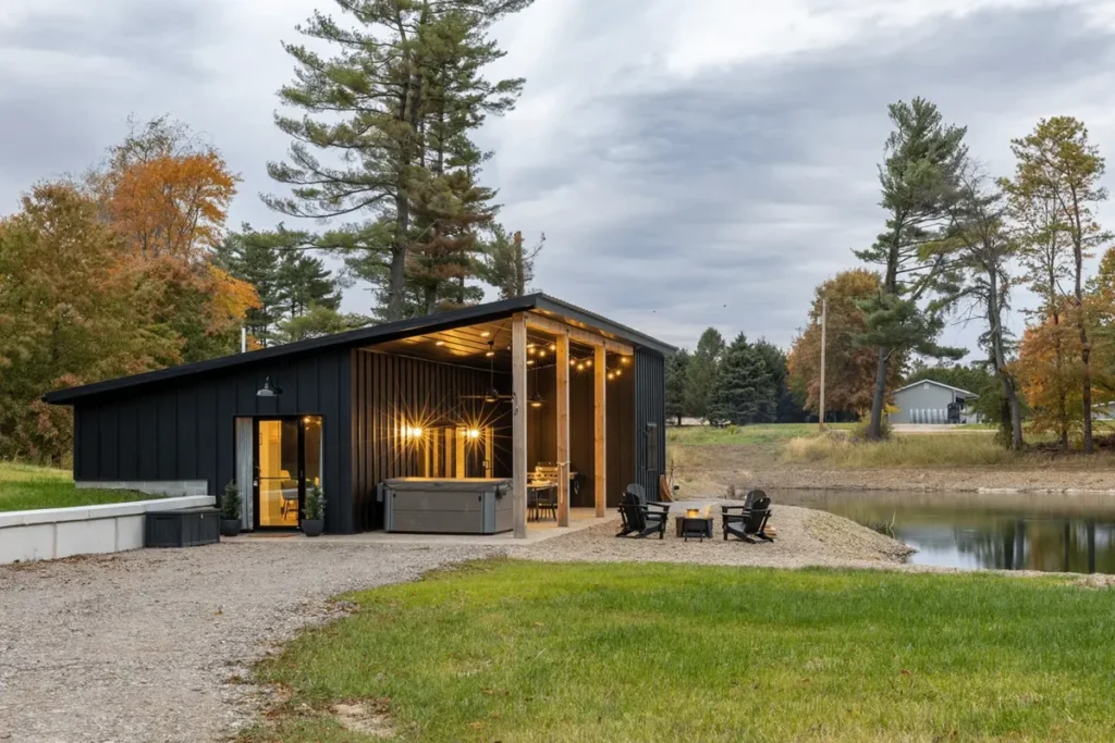 A modern black metal board and batten clad cabin with a covered patio featuring string lights, a hot tub, and Adirondack chairs around a fire pit beside a small pond surrounded by autumn trees.